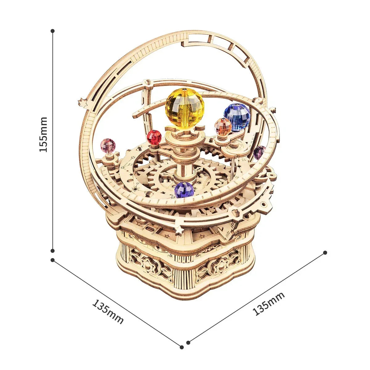Mechanisches Holzmodell eines Sonnensystems mit farbigen Glaskugeln und Maßangaben