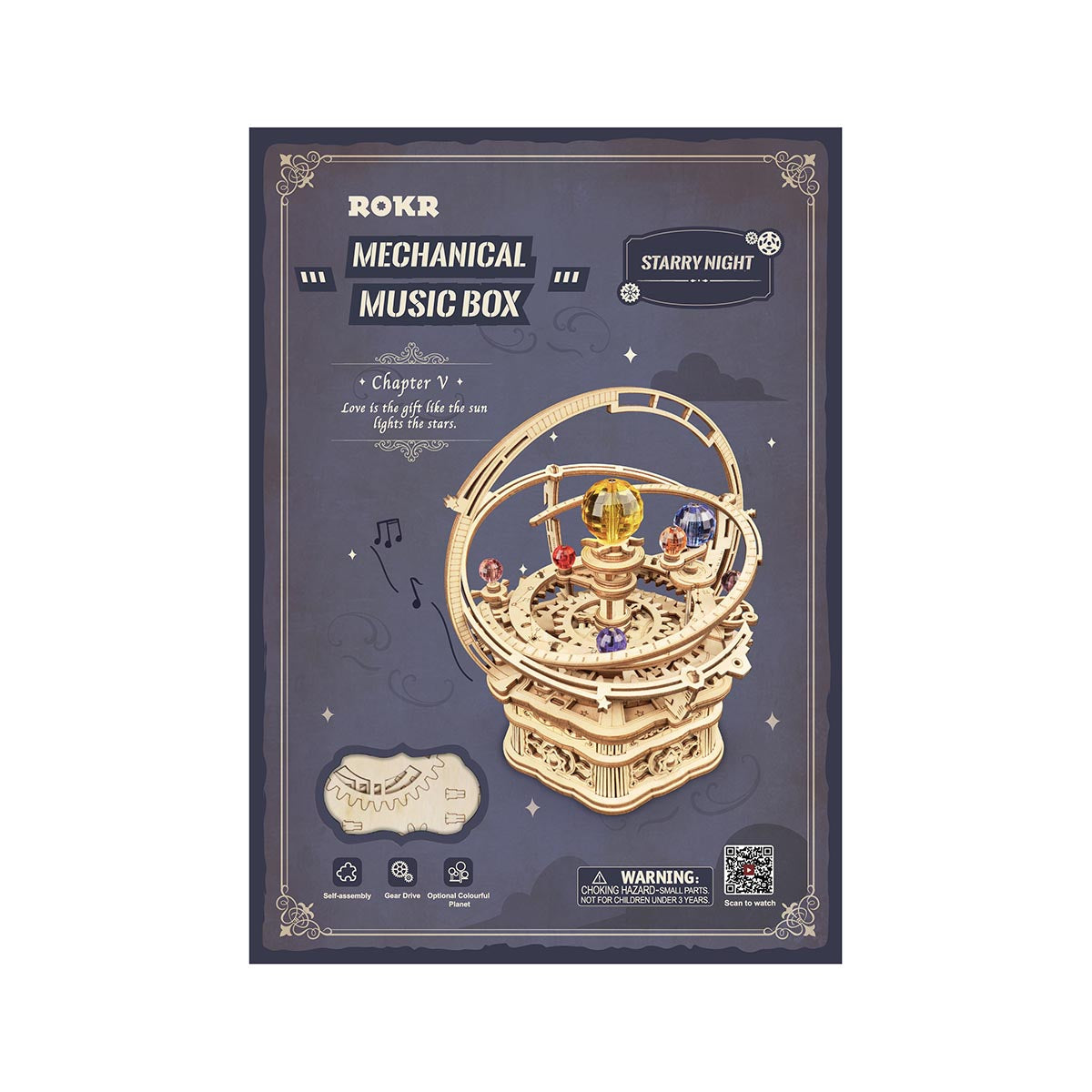 Verpackung einer mechanischen Spieluhr aus Holz mit Planetenmodell