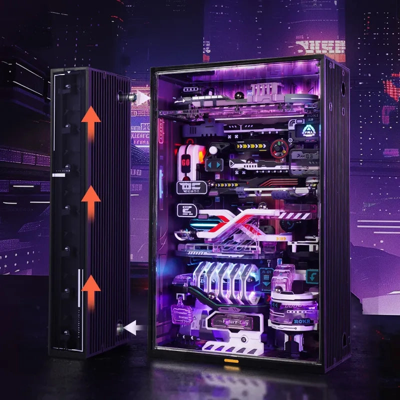 Ein futuristischer PC-Tower mit lila Beleuchtung und sichtbaren internen Komponenten