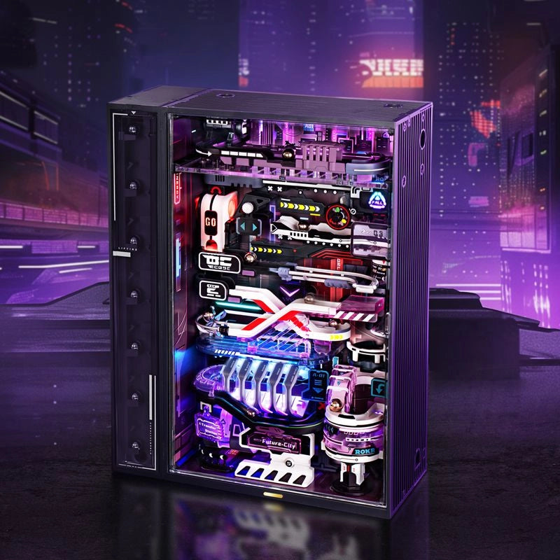 Ein futuristischer PC-Tower mit lila und blauen Lichtern und komplexen internen Komponenten