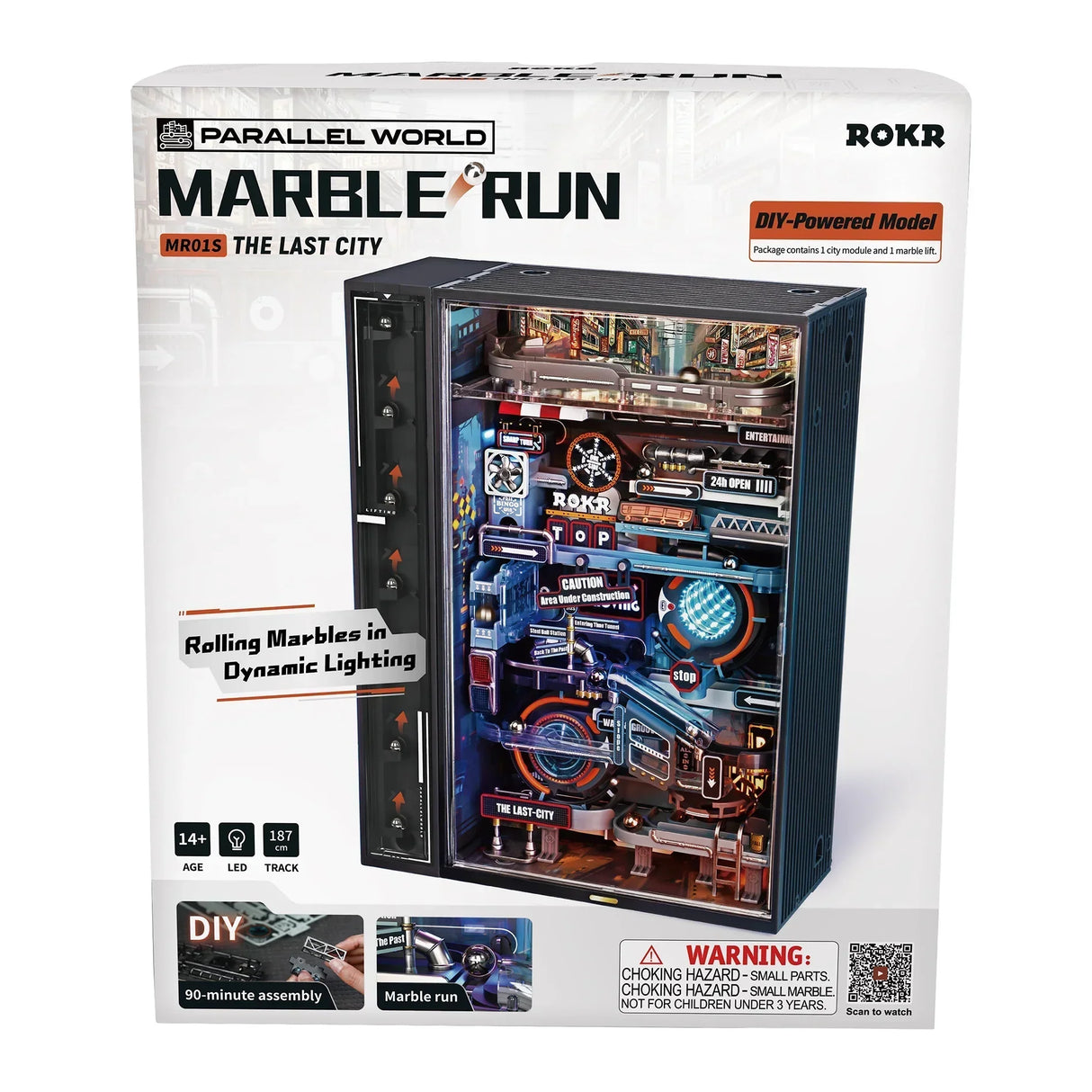 Verpackung des ROKR Marble Run Bausatzes mit dem Modell The Last City