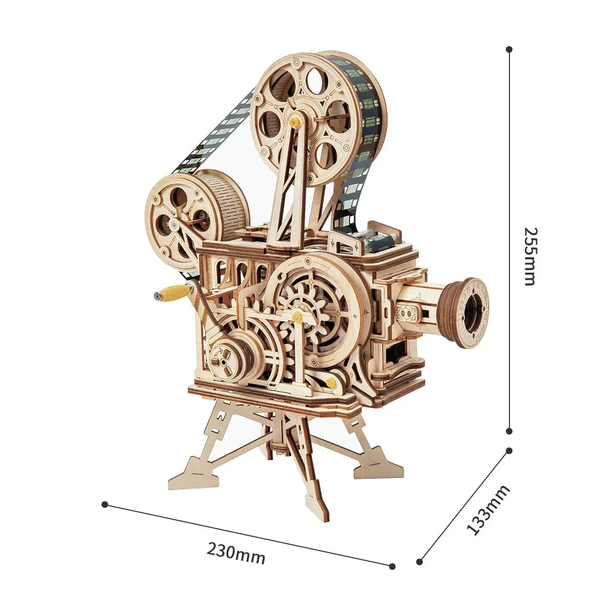 Modell eines Filmprojektors aus Holz mit Maßangaben in Millimetern