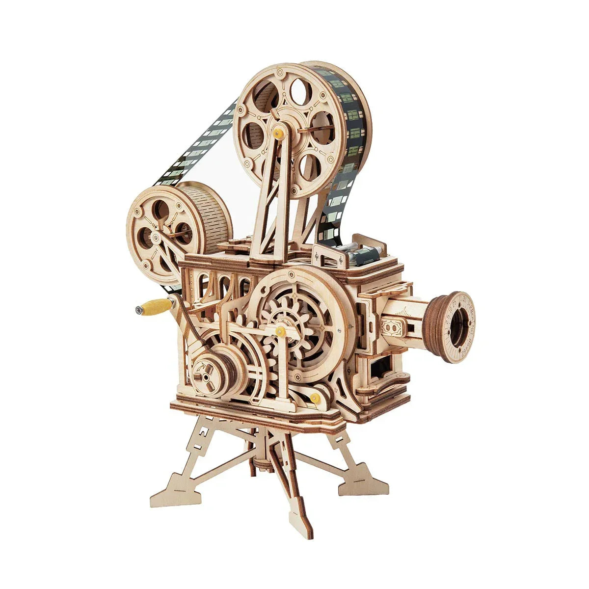 Mechanisches Holzmodell eines alten Filmprojektors mit Zahnrädern und Filmstreifen