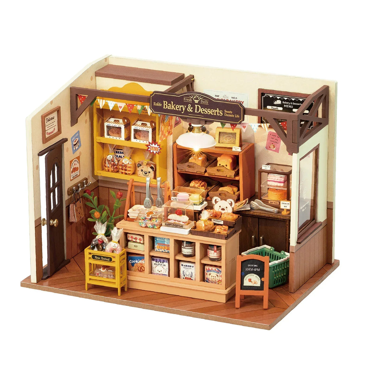 Miniaturmodell einer Bäckerei mit Regalen voller Gebäck und Backwaren