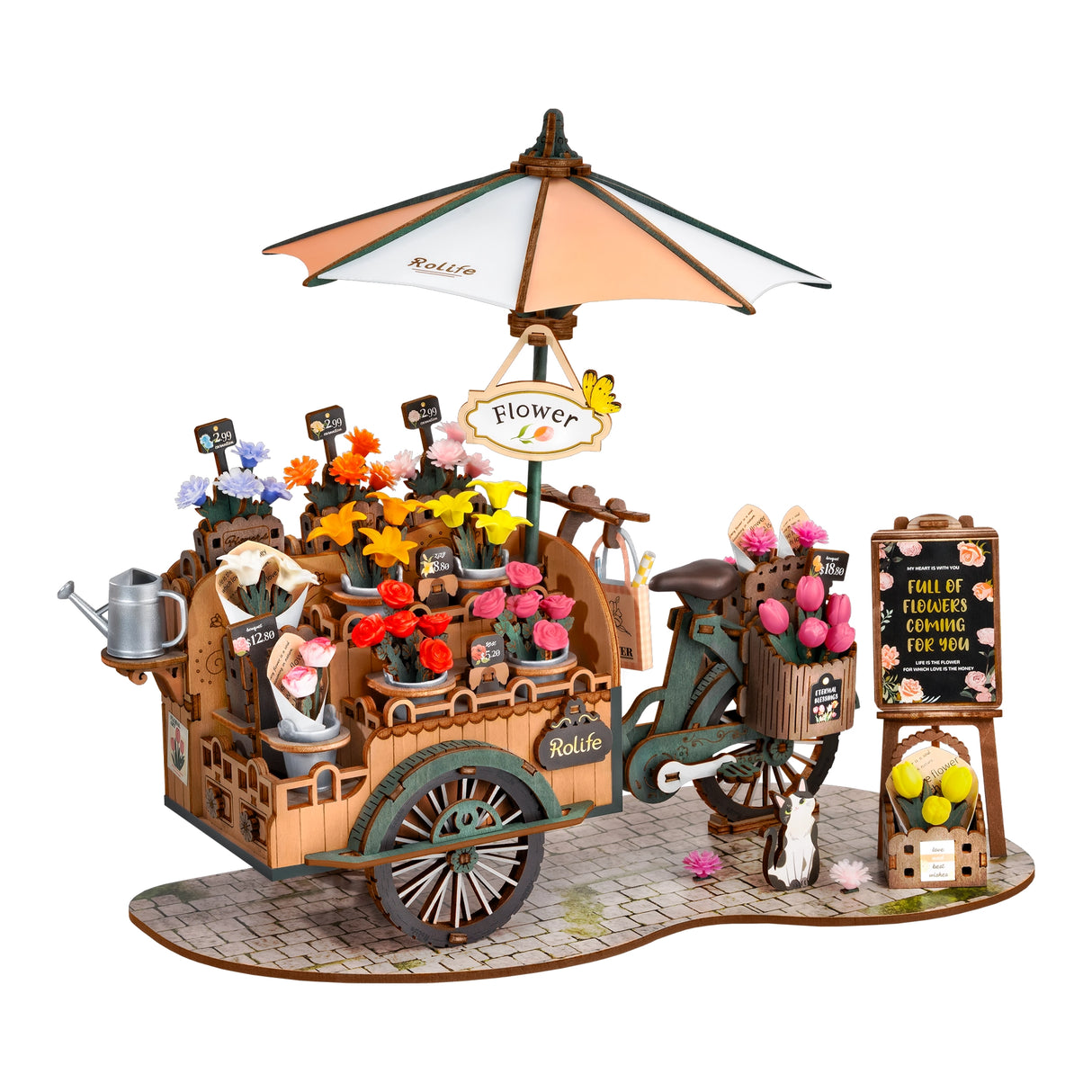 Miniatur-Blumenstand mit Fahrrad, Sonnenschirm und verschiedenen Blumen in Töpfen und Sträußen