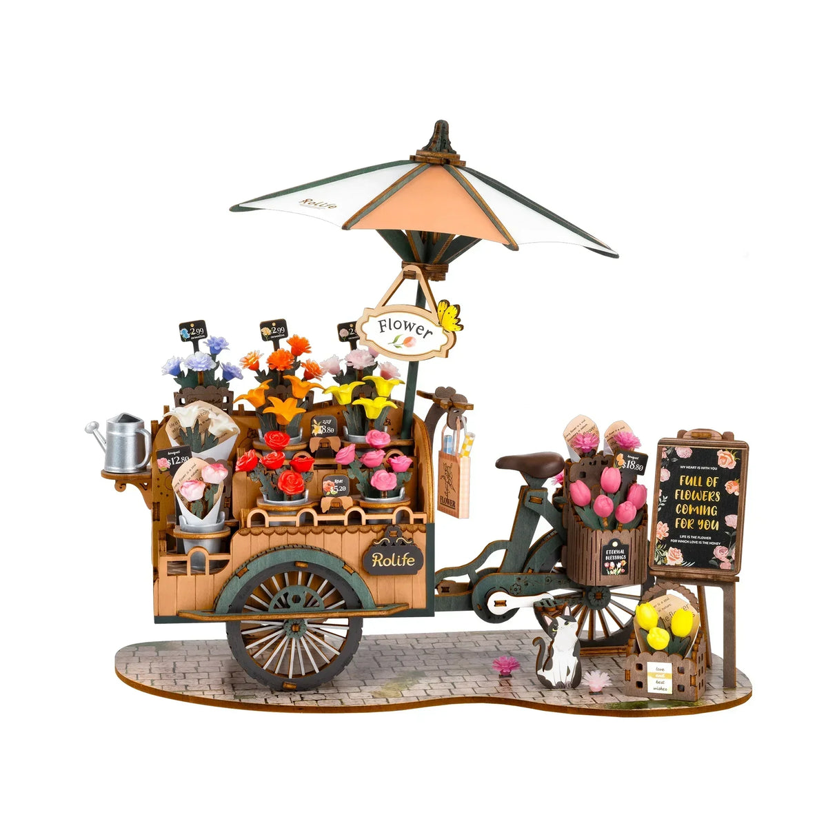 Miniatur-Blumenstand auf einem Fahrrad mit Sonnenschirm, gefüllt mit bunten Blumen und Preisschildern