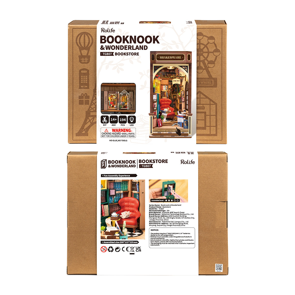Verpackung des Rolife Booknook Bausatzes Bookstore mit Produktabbildungen und technischen Informationen