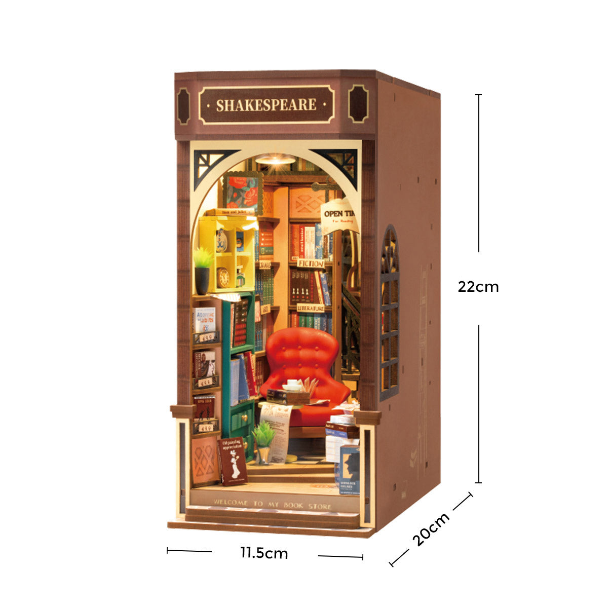 Miniatur Buchhandlung Shakespeare mit rotem Sessel und Bücherregalen inklusive Maßangaben