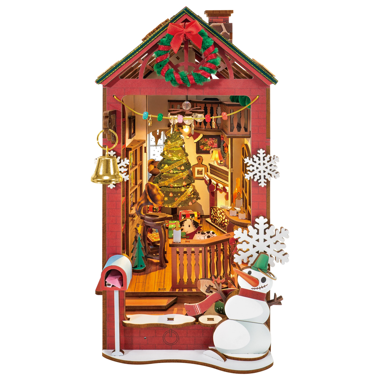 Weihnachtliches Miniaturhaus mit Baum, Geschenken, Schneemann und Briefkasten
