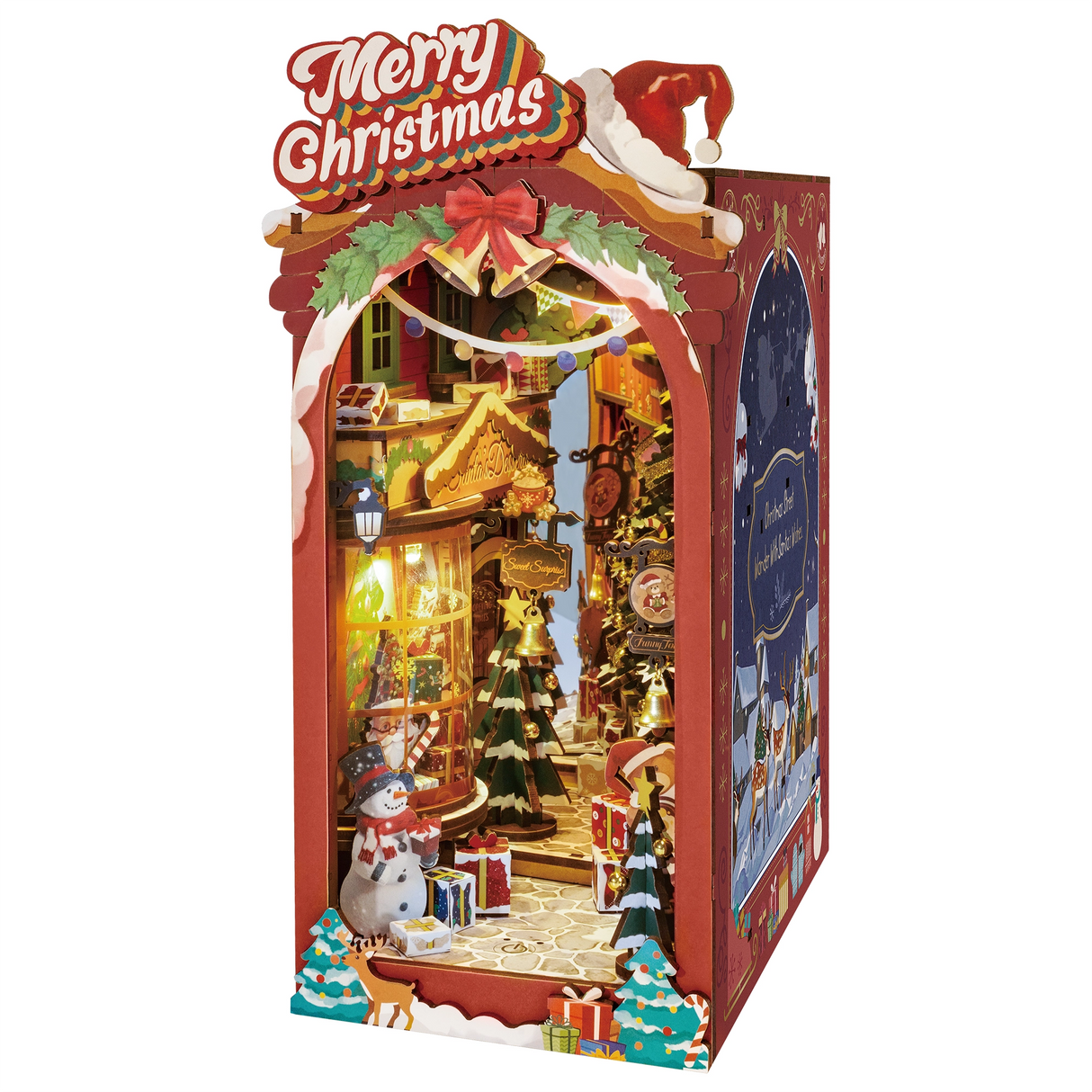 Weihnachtsdiorama mit Schneemann, Rentier und Geschenken