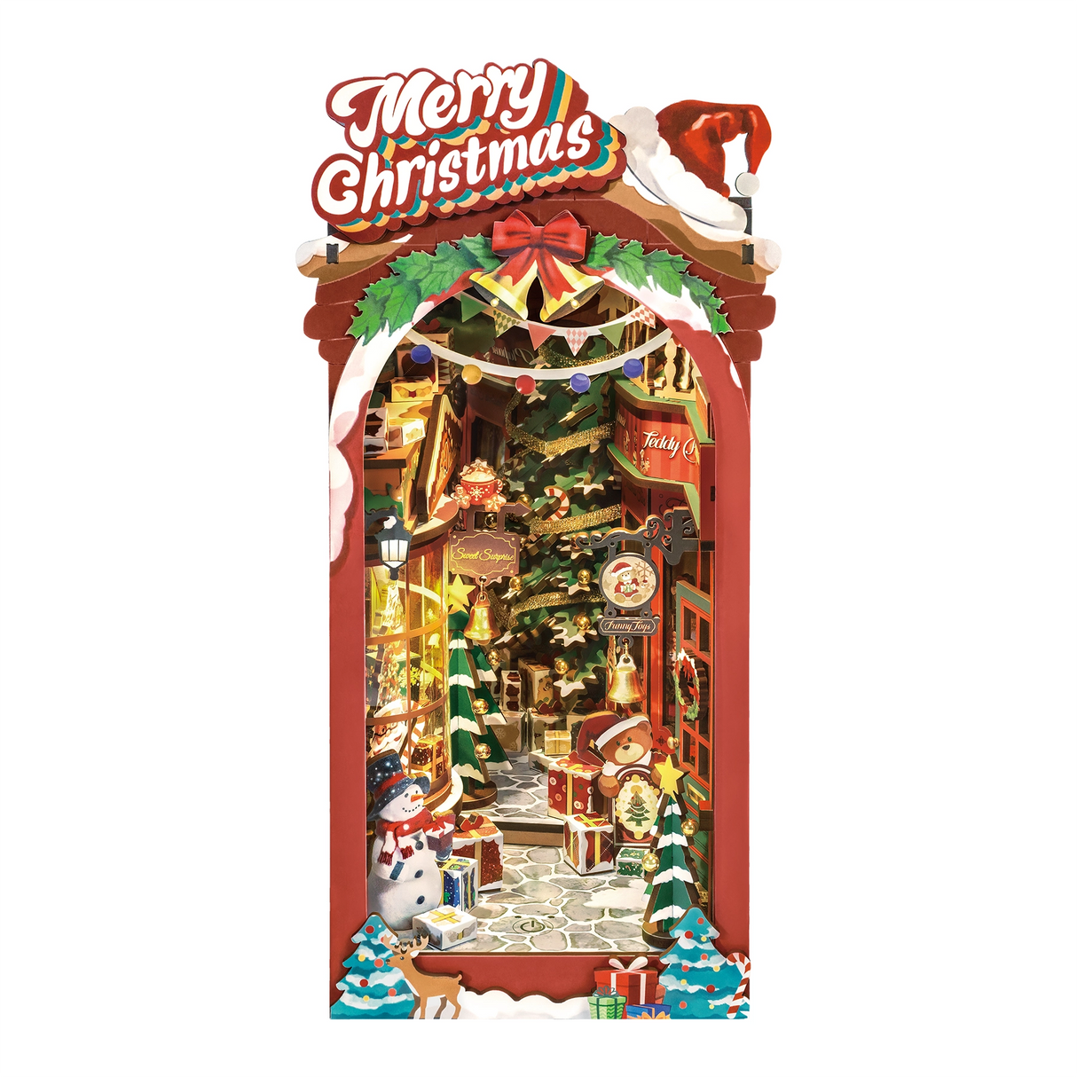 Weihnachtliche Miniatur-Diorama mit Geschäften, Weihnachtsbaum, Geschenken und Schneemann