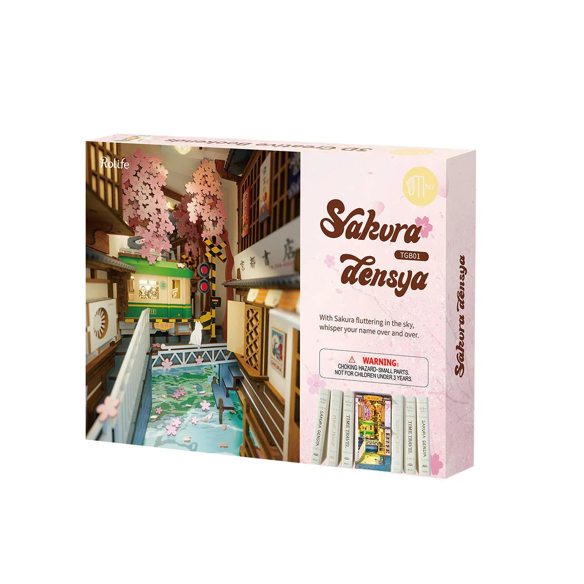 Verpackung des Rolife Sakura Densya 3D Buchstützen Bausatzes mit japanischer Straßenszene