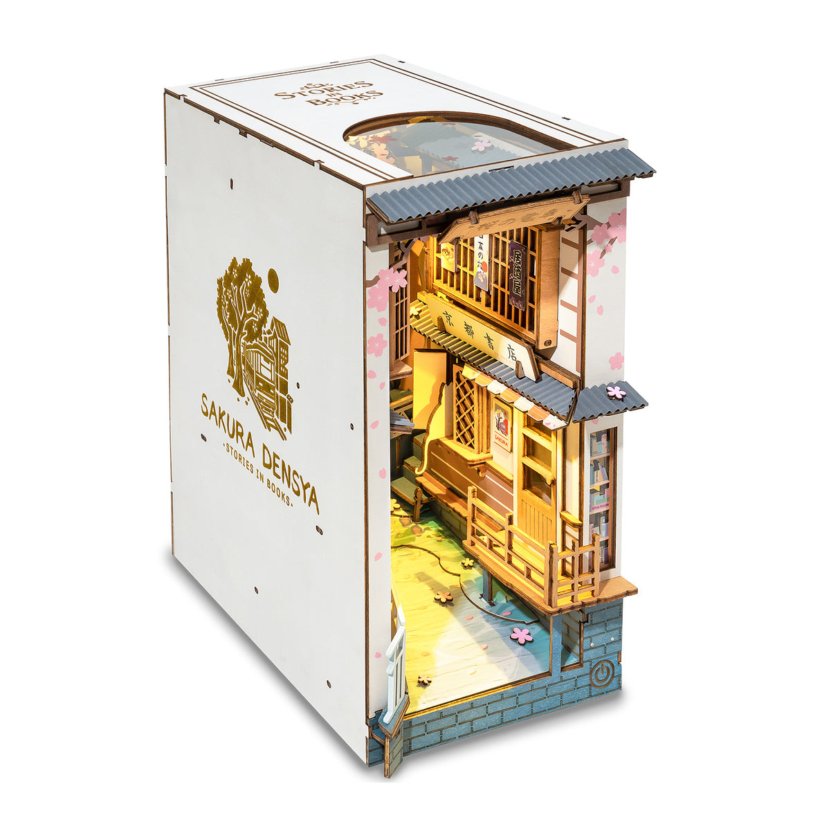 Beleuchtetes Buchstützen Diorama im japanischen Stil mit Kirschblüten
