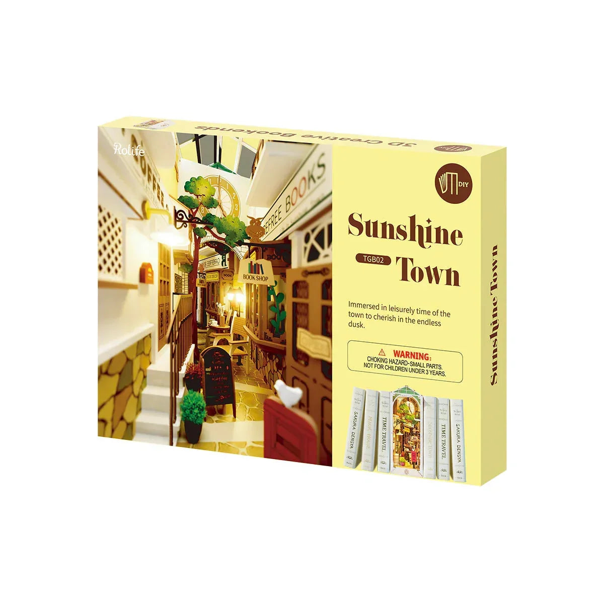 Verpackung des Rolife Sunshine Town 3D Buchstützen Bausatzes mit Abbildung der fertigen Miniaturstadt