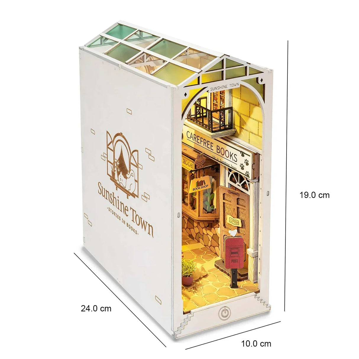 Modellbausatz einer Buchnische Sunshine Town mit Maßen 24 mal 10 mal 19 Zentimeter