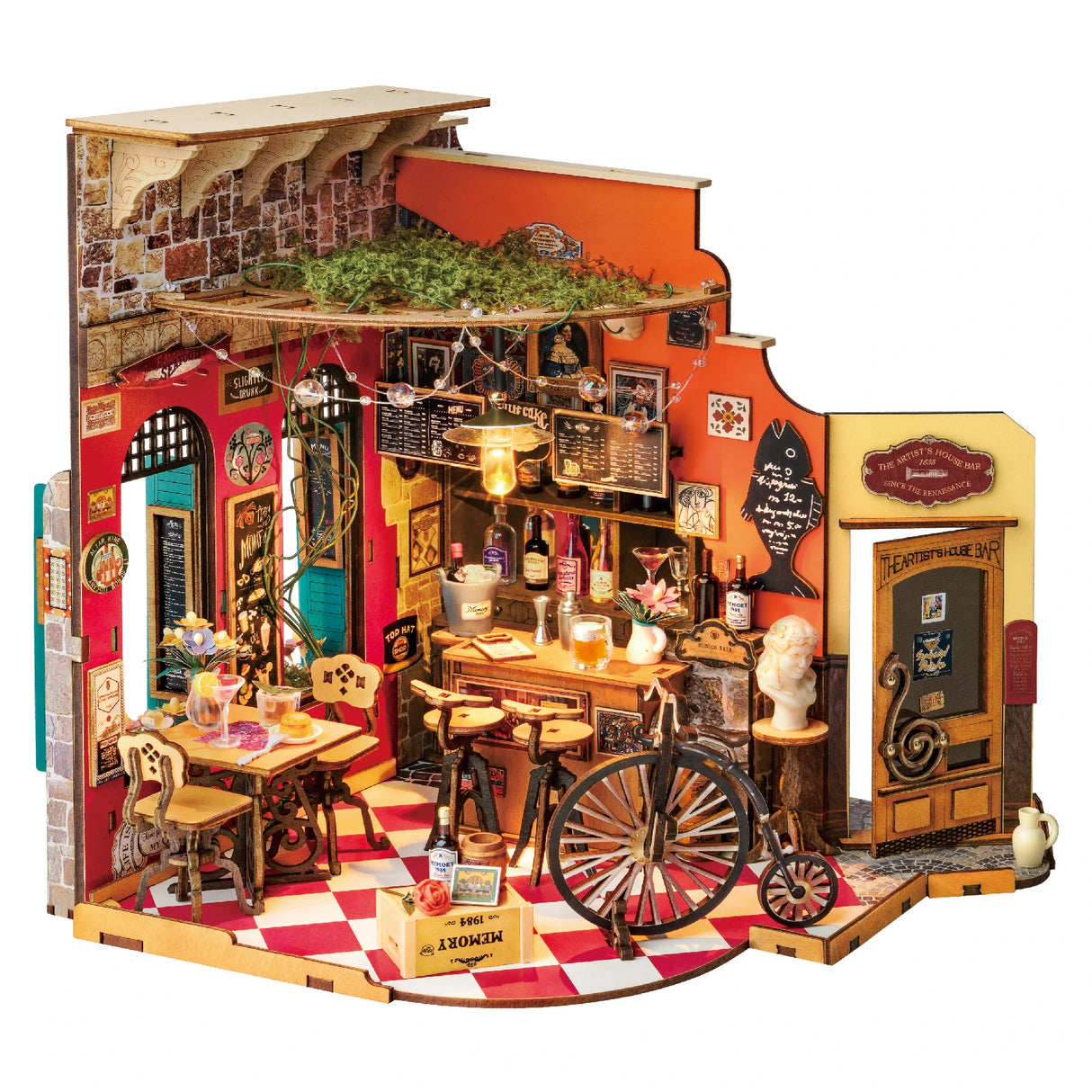 Miniatur-Diorama einer Bar mit Tischen, Stühlen, einer Theke, Flaschen und einem Hochrad