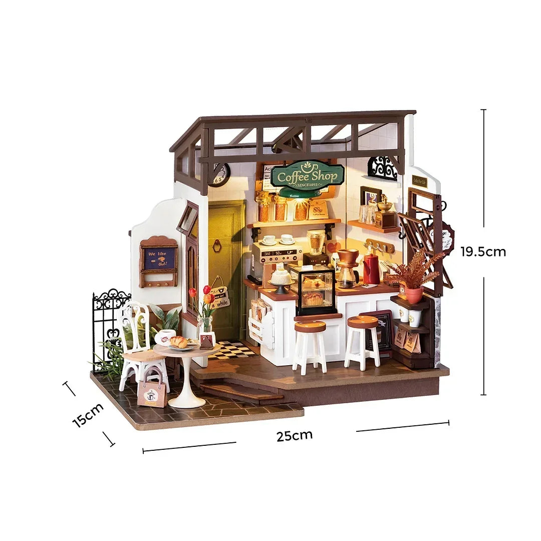 Miniaturmodell eines Coffee Shops mit Maßen von 25 cm Breite 15 cm Tiefe und 19,5 cm Höhe