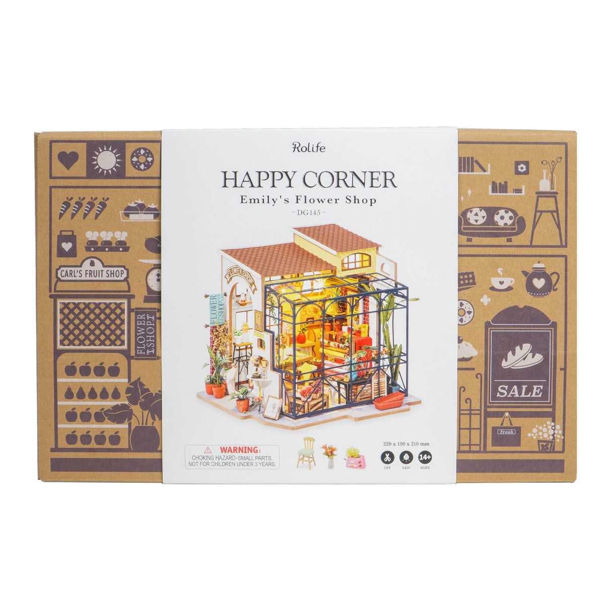 Verpackung des Rolife Happy Corner Blumenladen Bausatzes mit Modellansicht