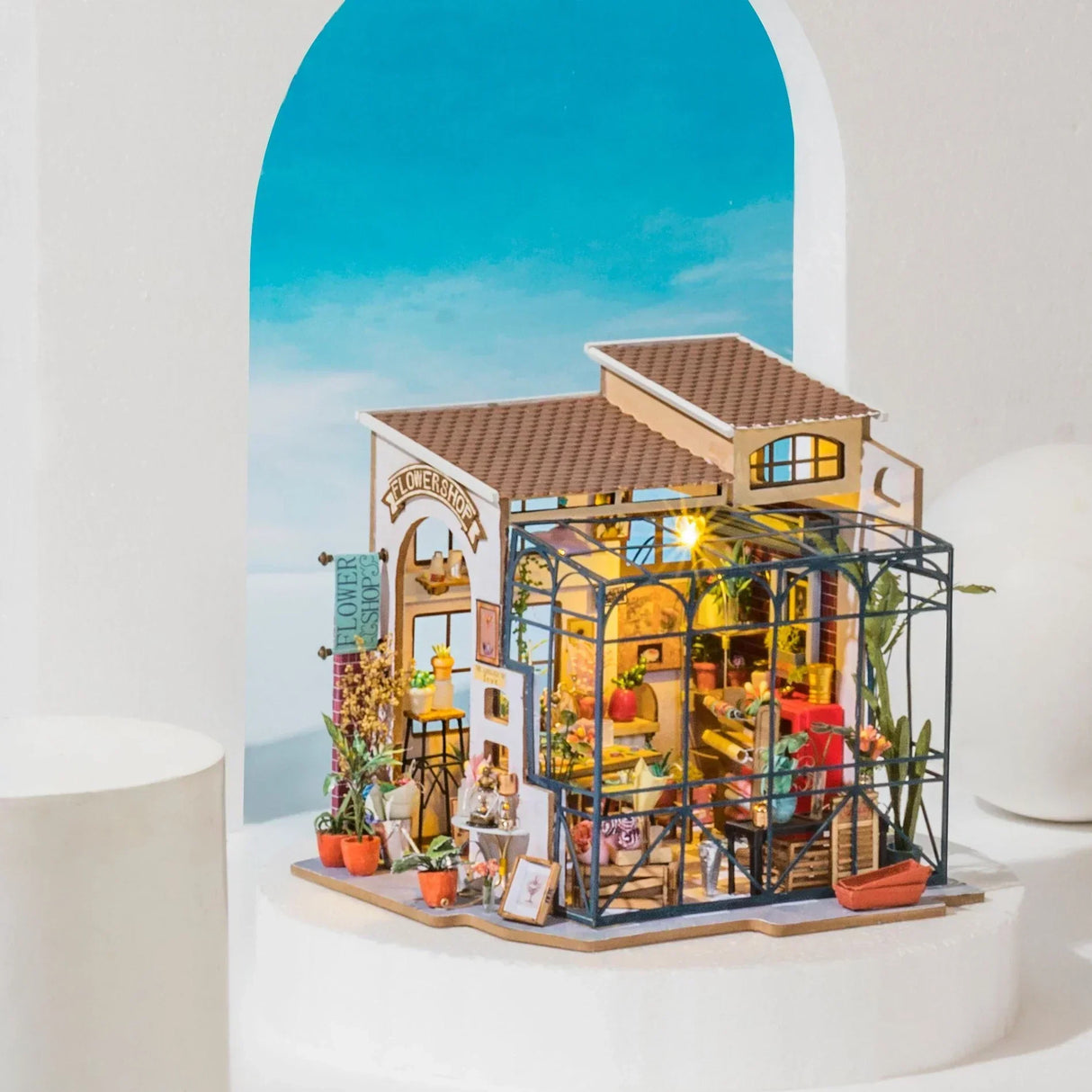 Miniatur Blumenladen Modellbausatz mit Glasfront und Beleuchtung