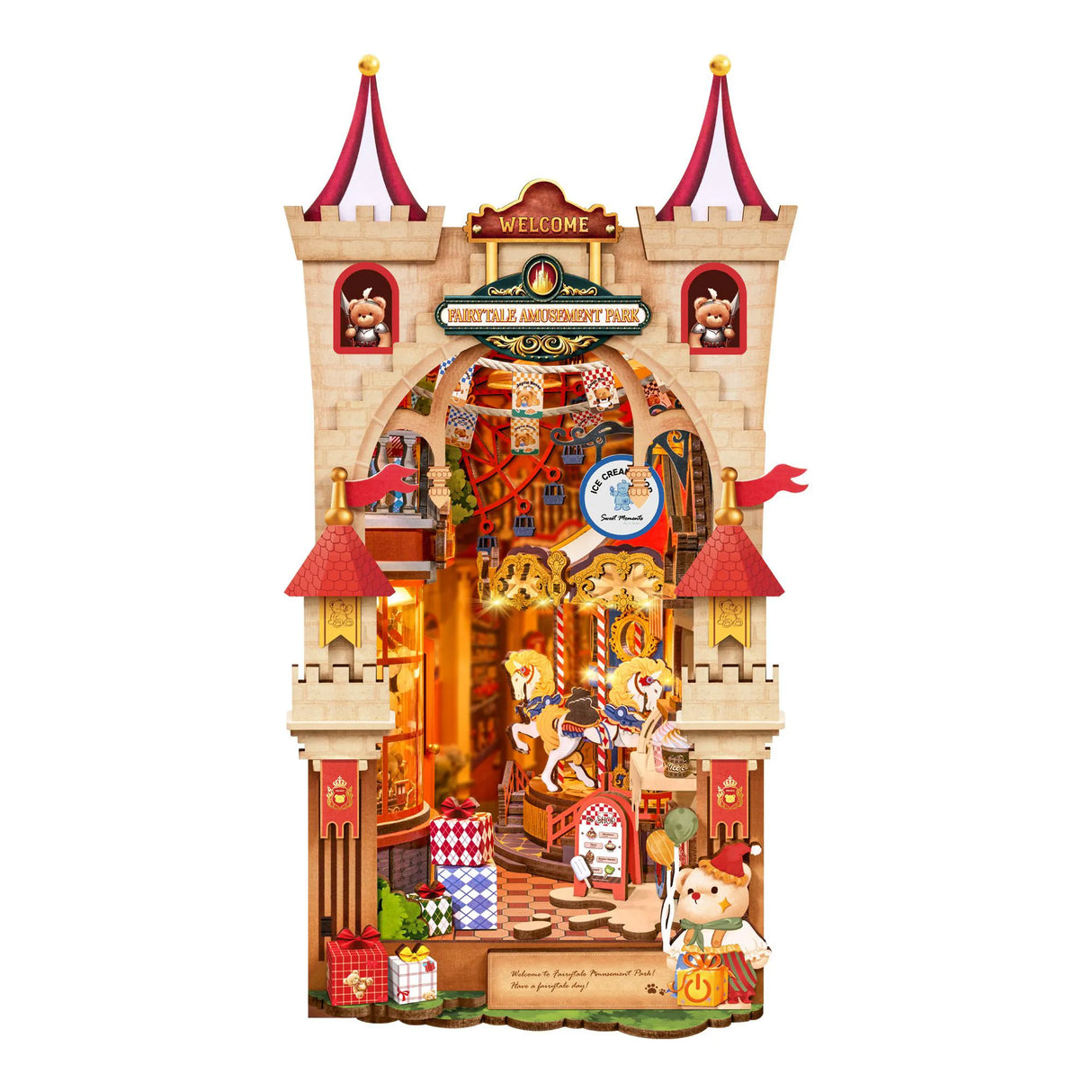 Ein Miniatur-Märchenschloss mit Karussell, Riesenrad und Teddybären in Ritterrüstung