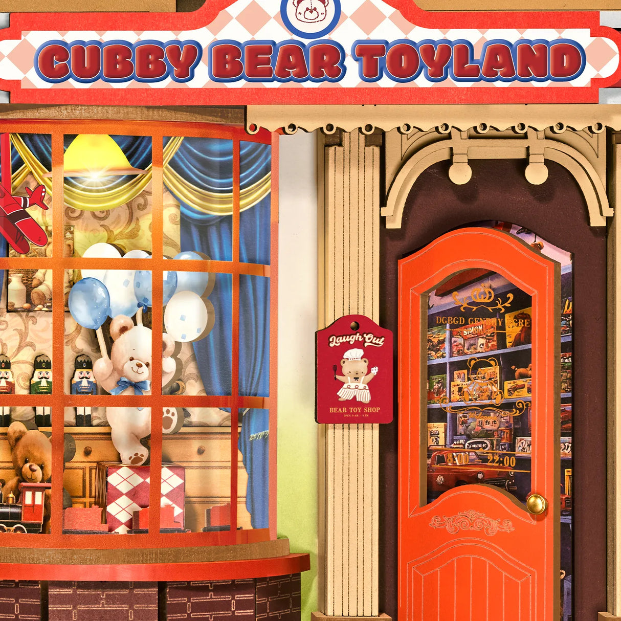 Vorderansicht eines Spielzeugladens mit dem Schild Cubby Bear Toyland