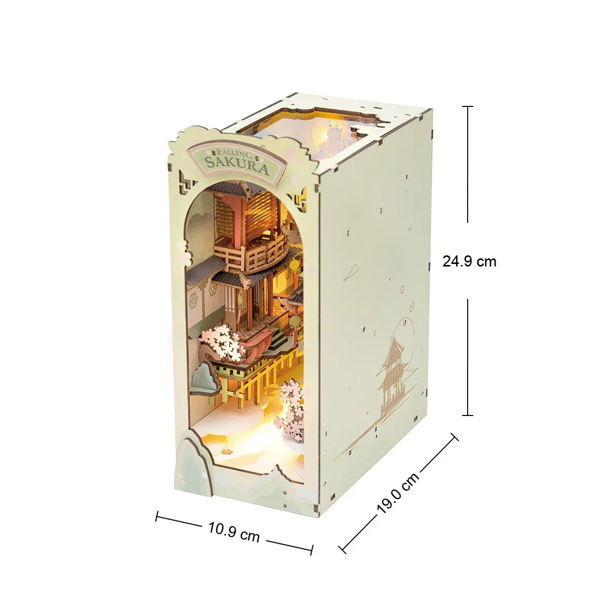 Holzmodell eines japanischen Hauses mit Beleuchtung und Maßangaben in Zentimetern