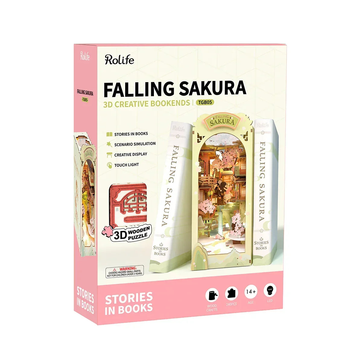 Produktverpackung fuer Rolife Falling Sakura 3D Holzpuzzle Buchstuetze