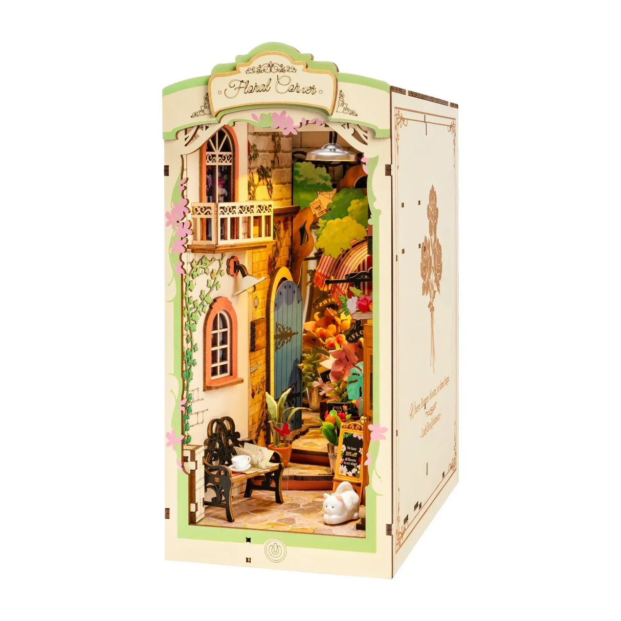 Miniatur Blumenladen als Holzbausatz mit Bank und Katze