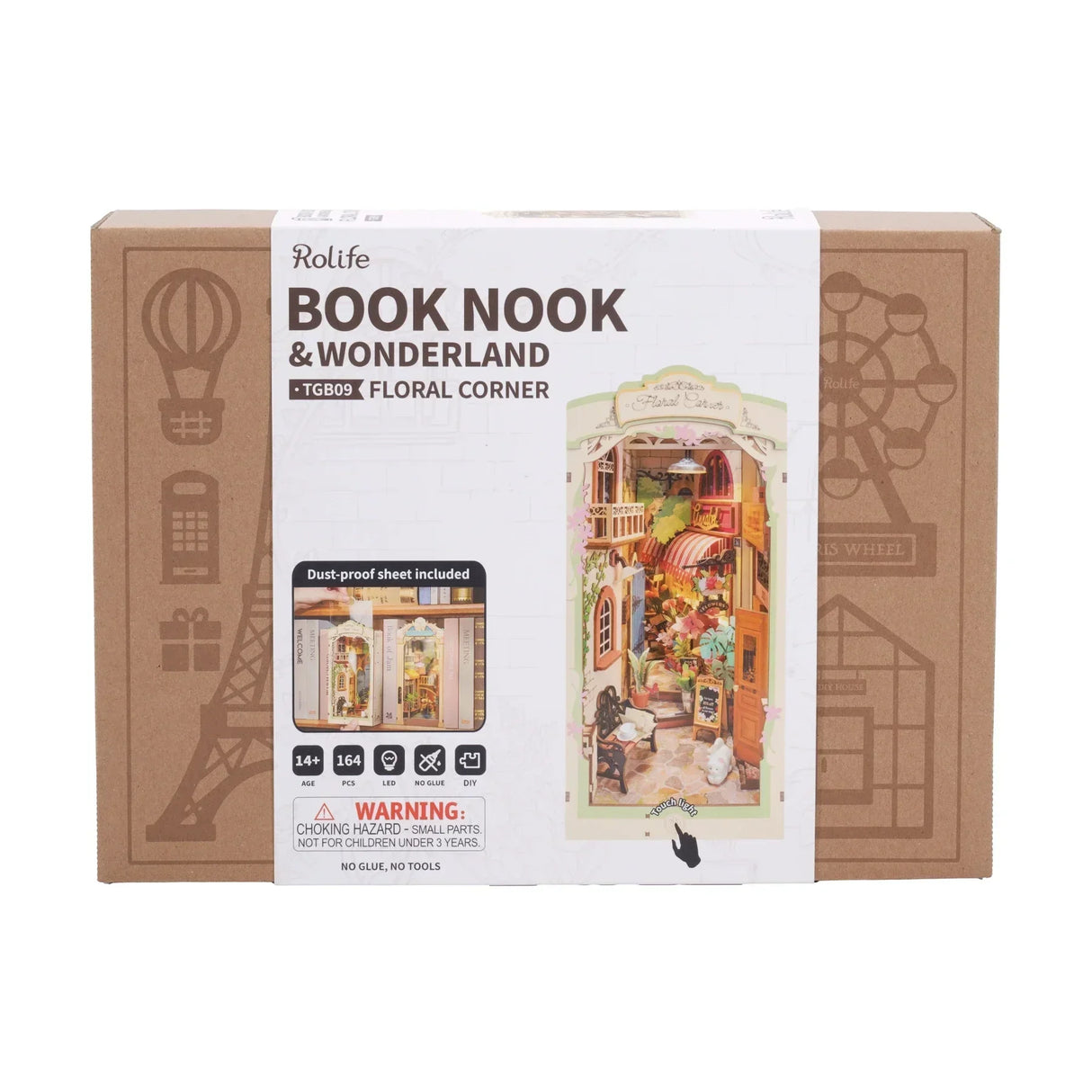 Verpackung des Rolife Book Nook Bausatzes Floral Corner mit Produktabbildung und technischen Details