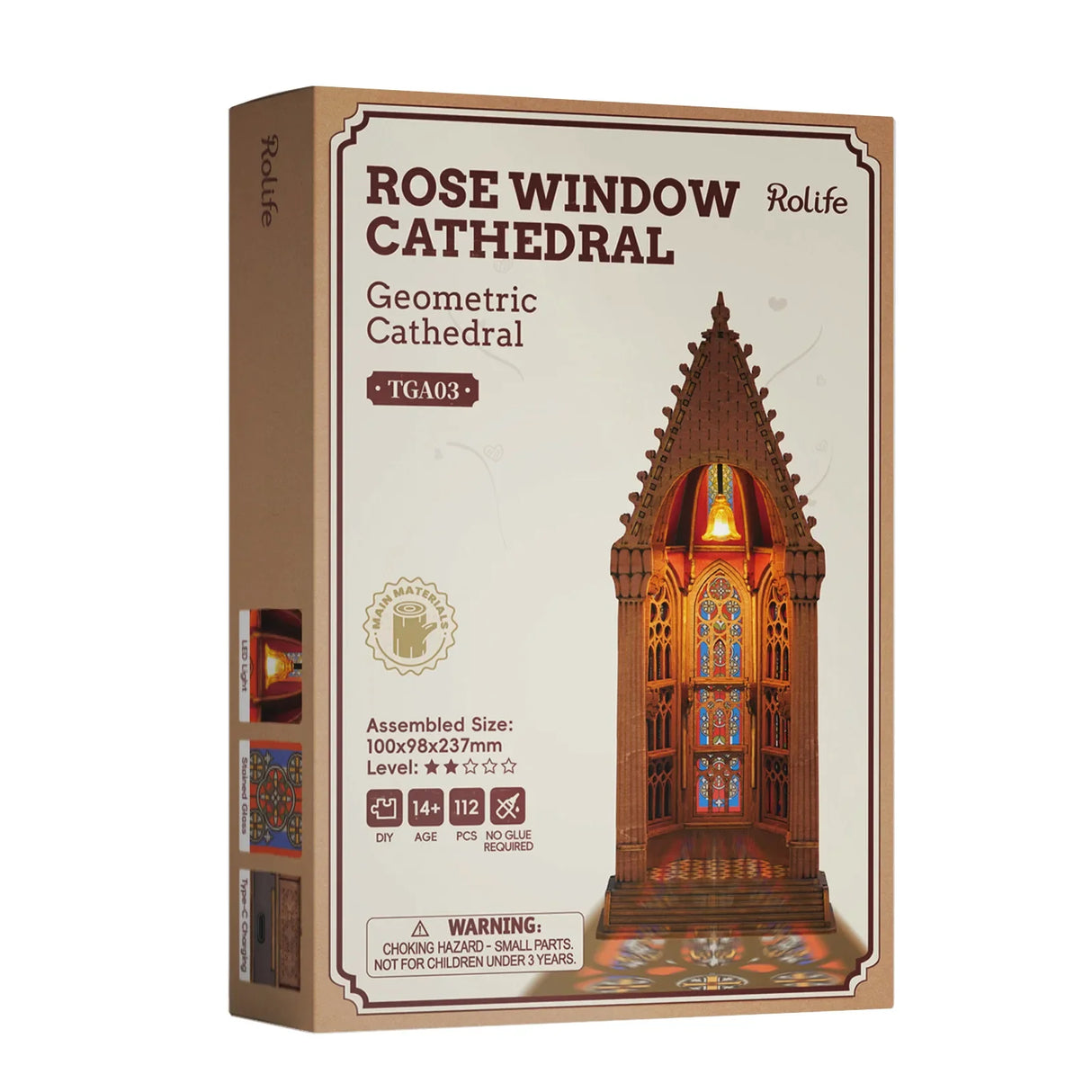 Verpackung der Rolife Rosenfenster-Kathedrale, ein geometrisches Kathedralenmodell mit Buntglasfenstern