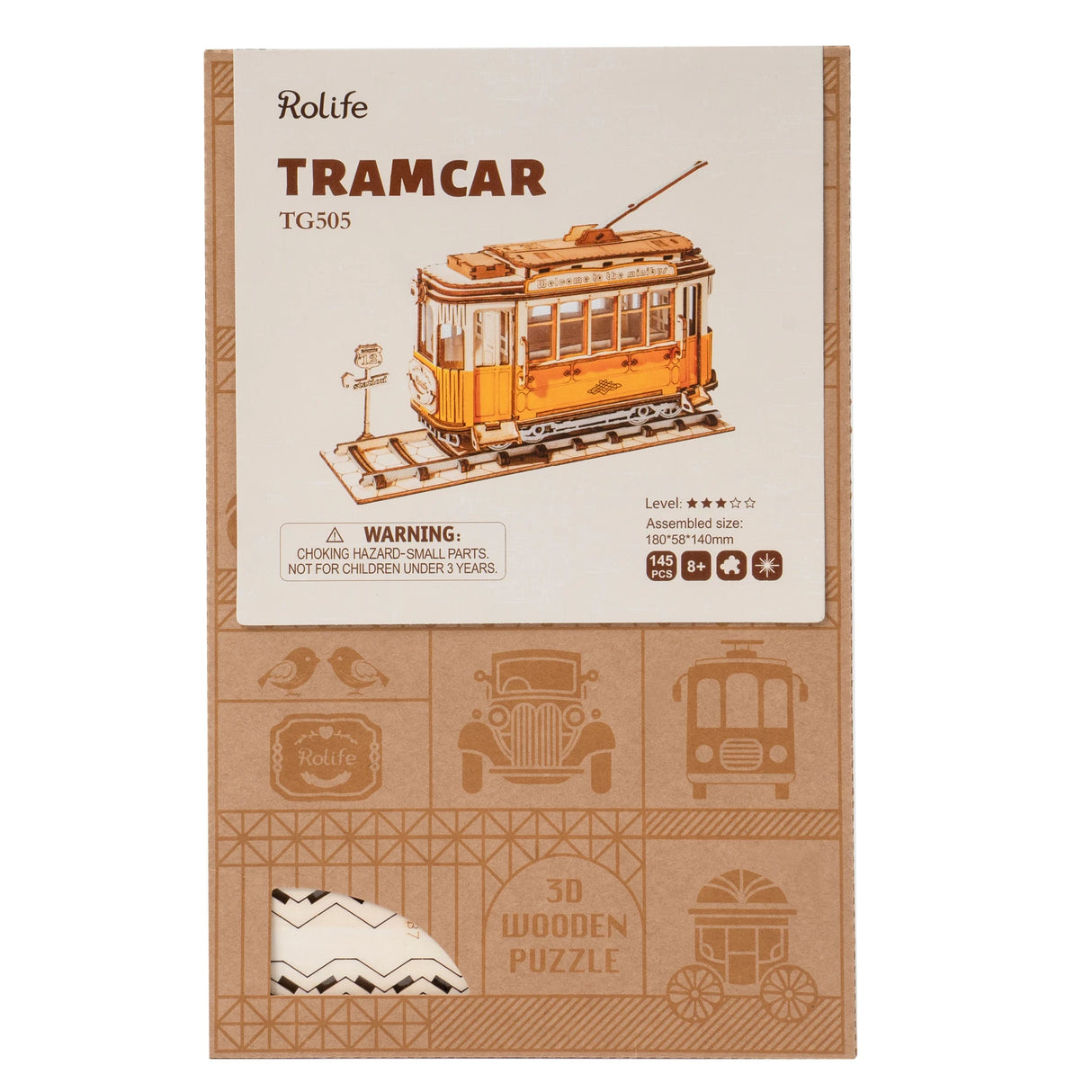 Verpackung eines Rolife 3D Holzpuzzles einer Straßenbahn