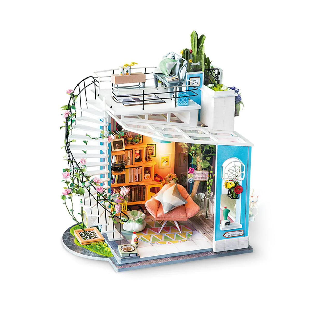Miniatur Puppenhaus mit Wendeltreppe und Dachterrasse