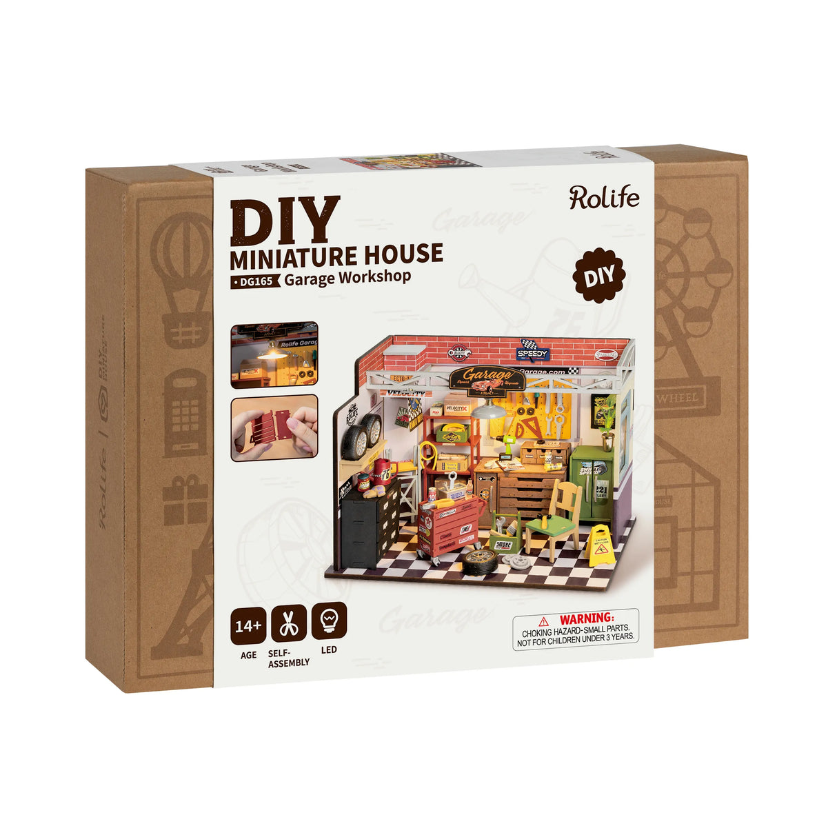 Verpackung des Rolife DIY Miniaturhaus Bausatzes Garage Workshop mit abgebildeter Werkstatt