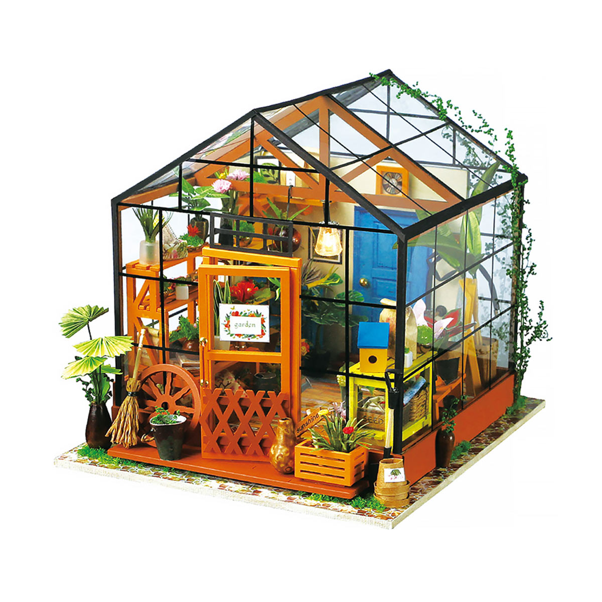 Miniatur Gewächshaus Modellbausatz mit Pflanzen und Gartenwerkzeug