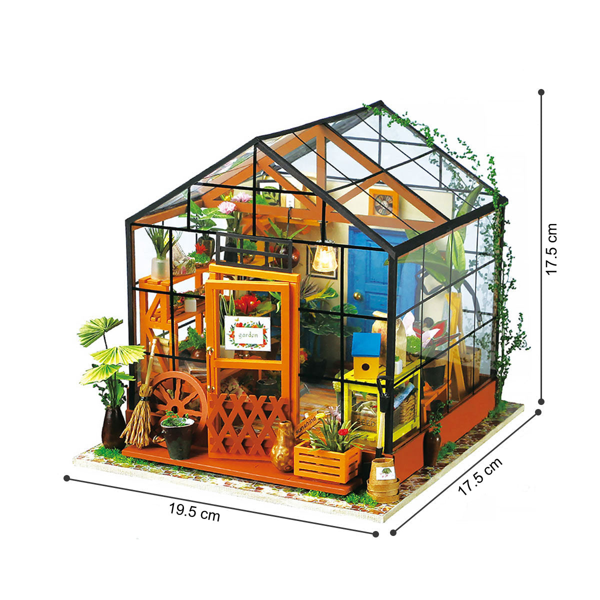 Miniatur Gewächshaus Modellbausatz mit Pflanzen und Gartenwerkzeug inklusive Maßangaben
