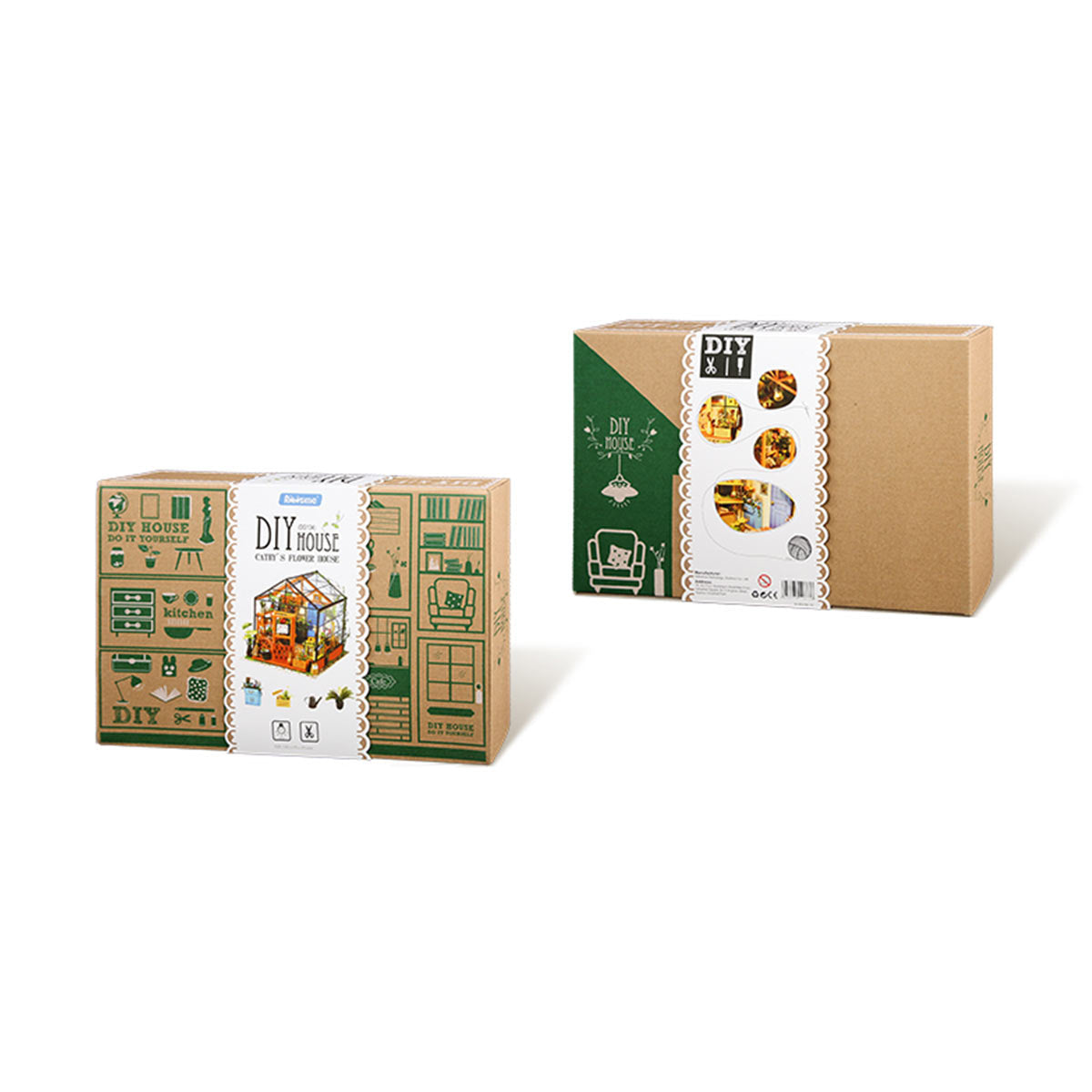 Zwei braune Kartonverpackungen fuer ein DIY Miniatur Blumenhaus Set