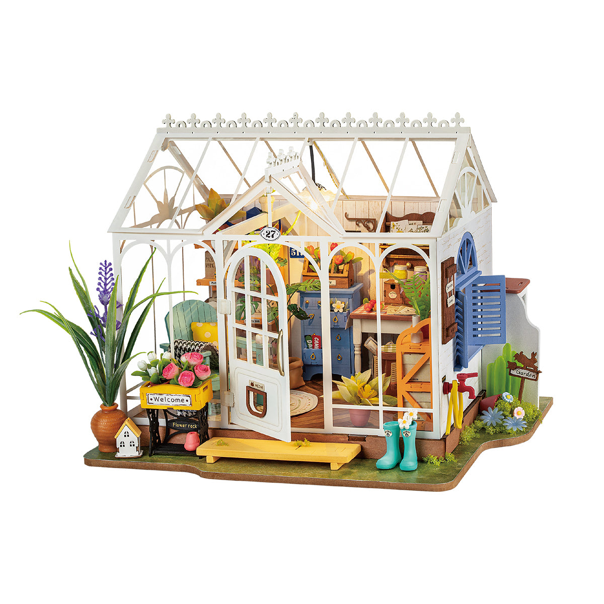Miniatur Gewächshaus Bausatz mit Pflanzen und Gartenmöbeln