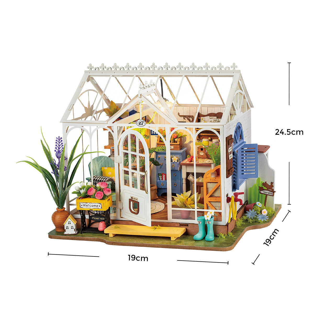 Miniatur Gewächshaus Bausatz mit Möbeln und Pflanzen inklusive Maßangaben