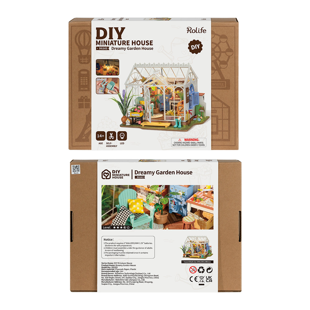 Verpackung eines Rolife DIY Miniatur Gartenhauses mit Modellabbildung und Produktdetails