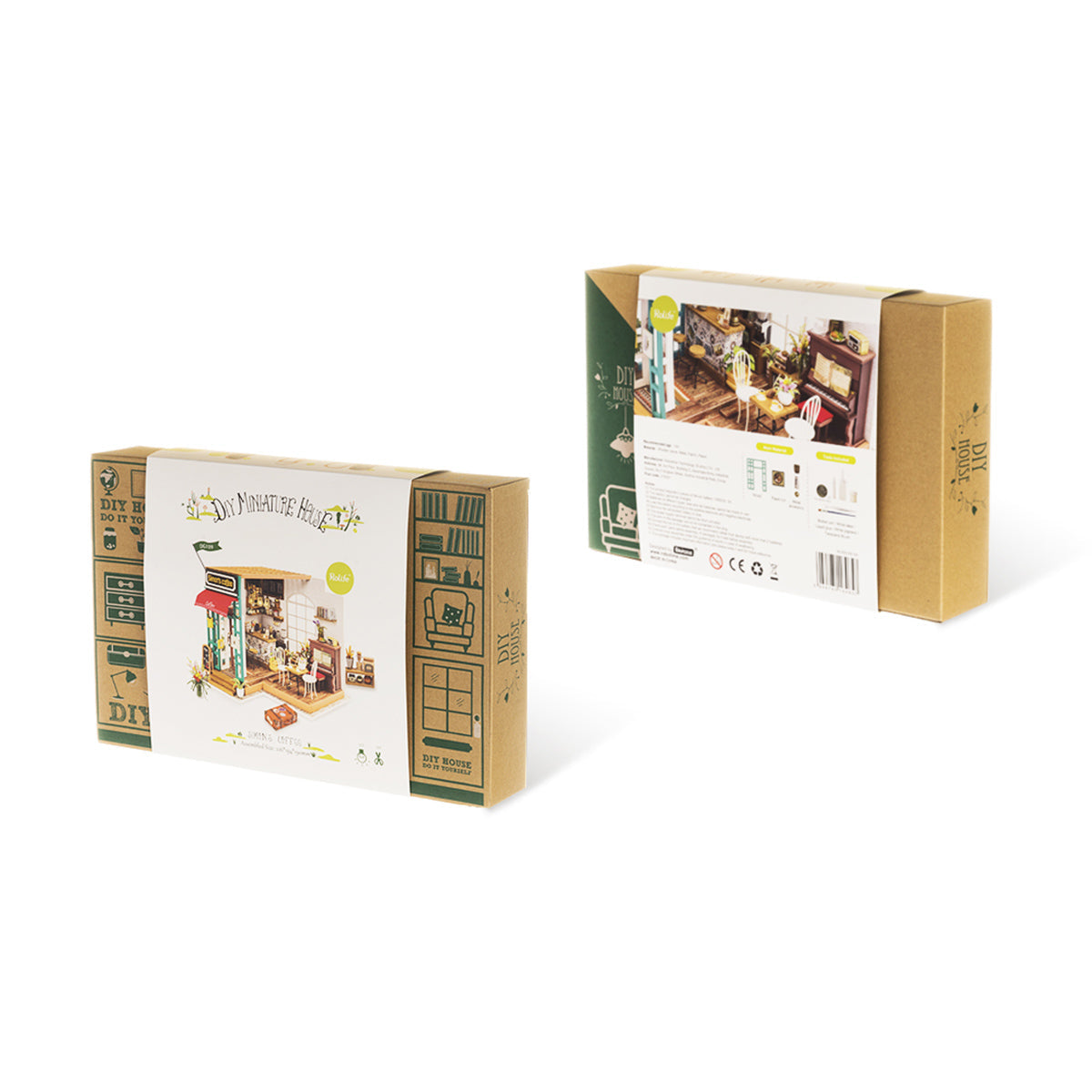 Zwei Verpackungen eines DIY Miniaturhaus Bausatzes in einer Kartonbox