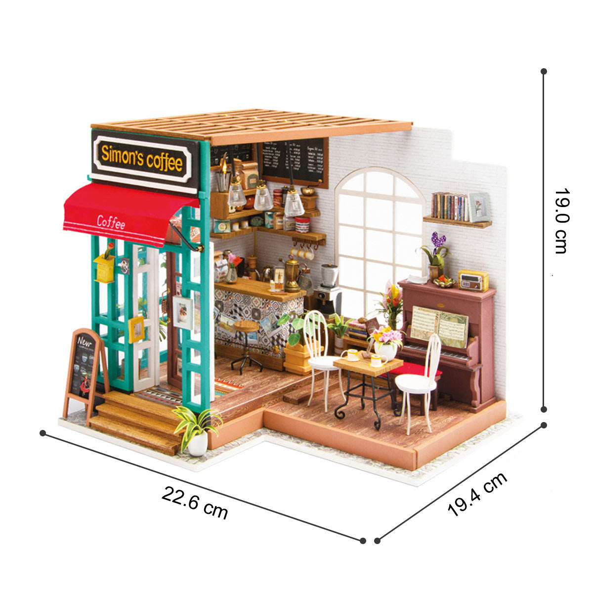 Miniaturmodell eines Cafes mit Klavier und Sitzgelegenheiten inklusive Maßangaben