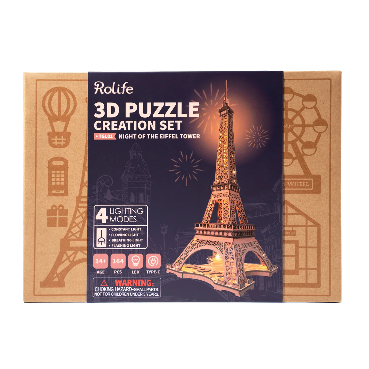 Verpackung eines Rolife 3D Puzzles vom Eiffelturm mit LED Beleuchtung