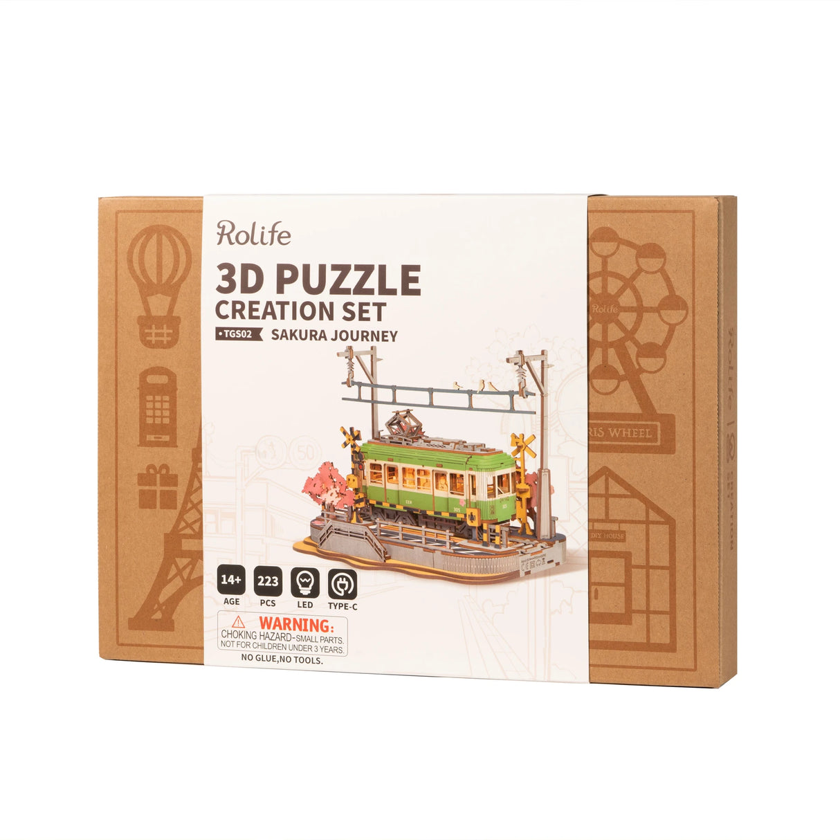Verpackung eines Rolife 3D Holzpuzzles mit einer Straßenbahn als Motiv