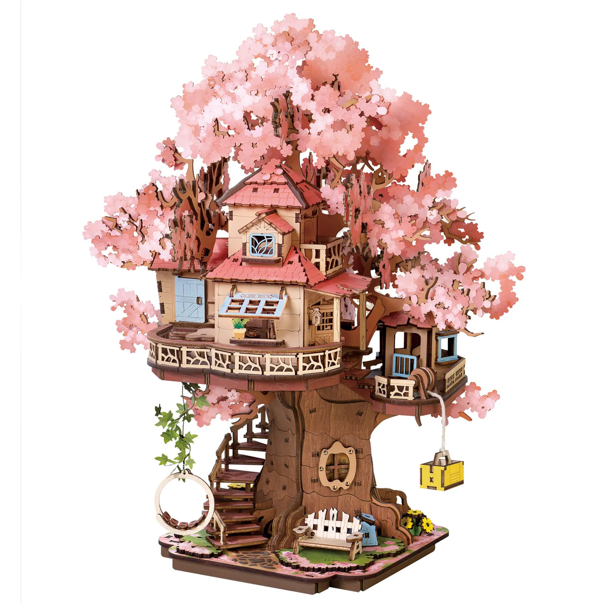 Baumhaus-Modellbausatz mit rosa Blüten, Treppen und Schaukel