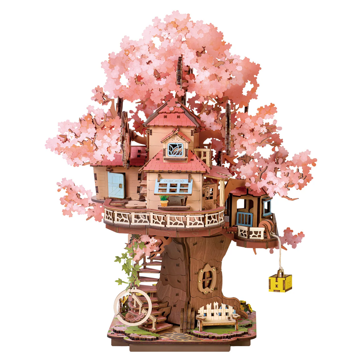 Baumhaus-Modellbausatz mit rosa Kirschblüten, blauen Türen und Fenstern, einer Schaukel und einer Bank