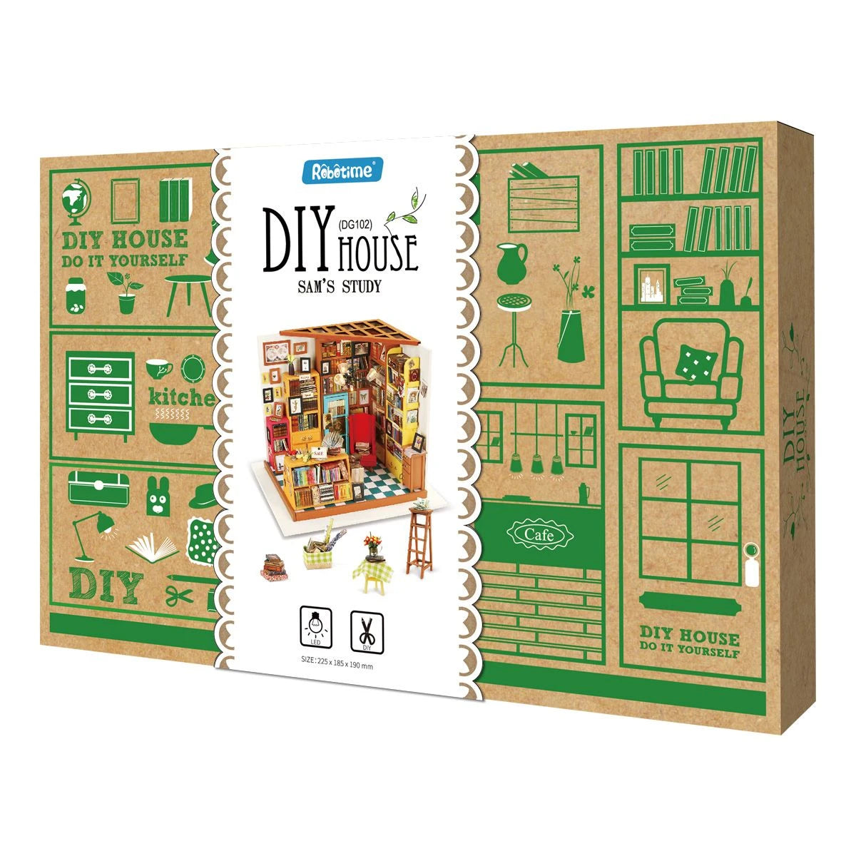Verpackung eines Robotime DIY House Modellbausatzes Sams Arbeitszimmer