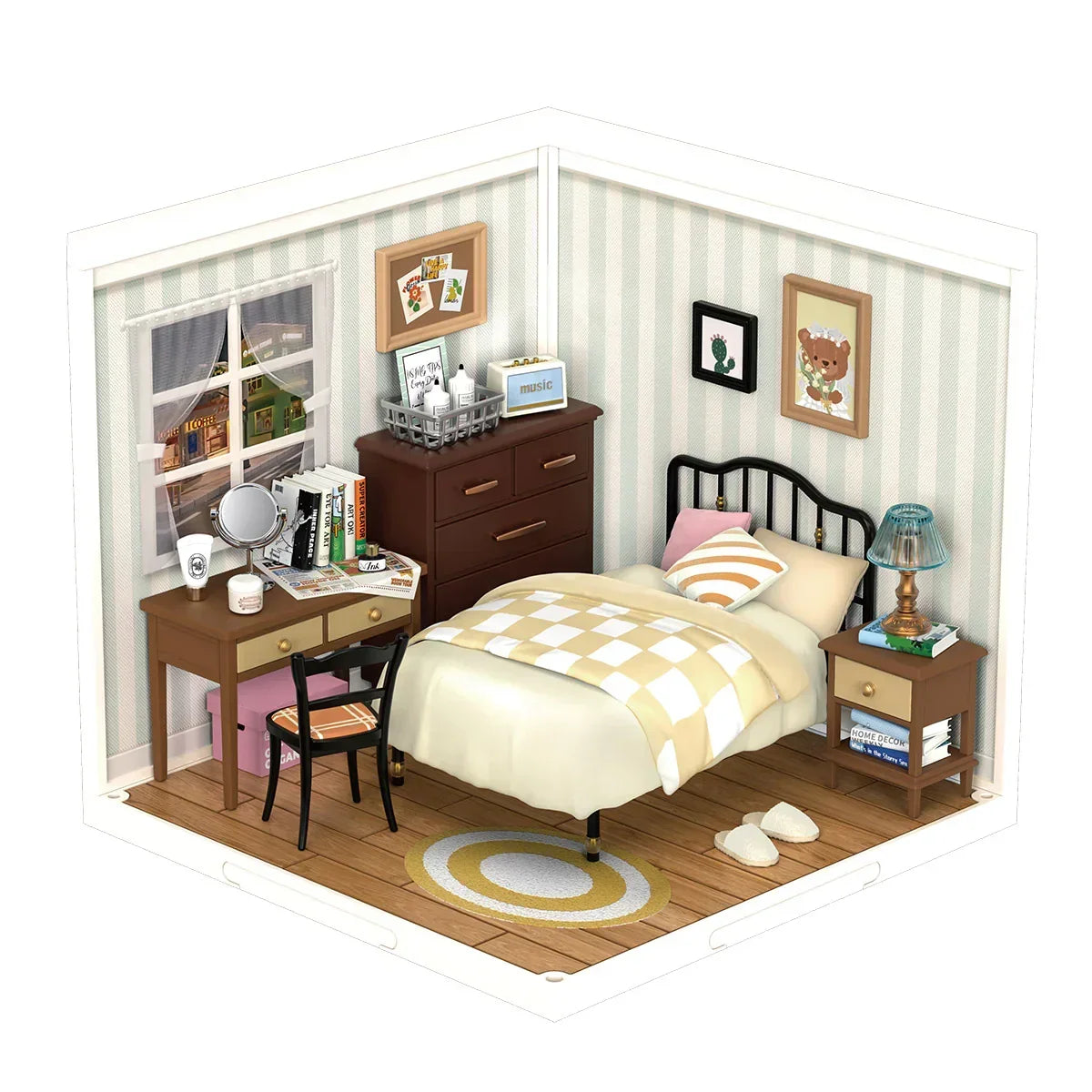 Miniatur Schlafzimmer mit Bett Kommode Schreibtisch und Wanddekoration