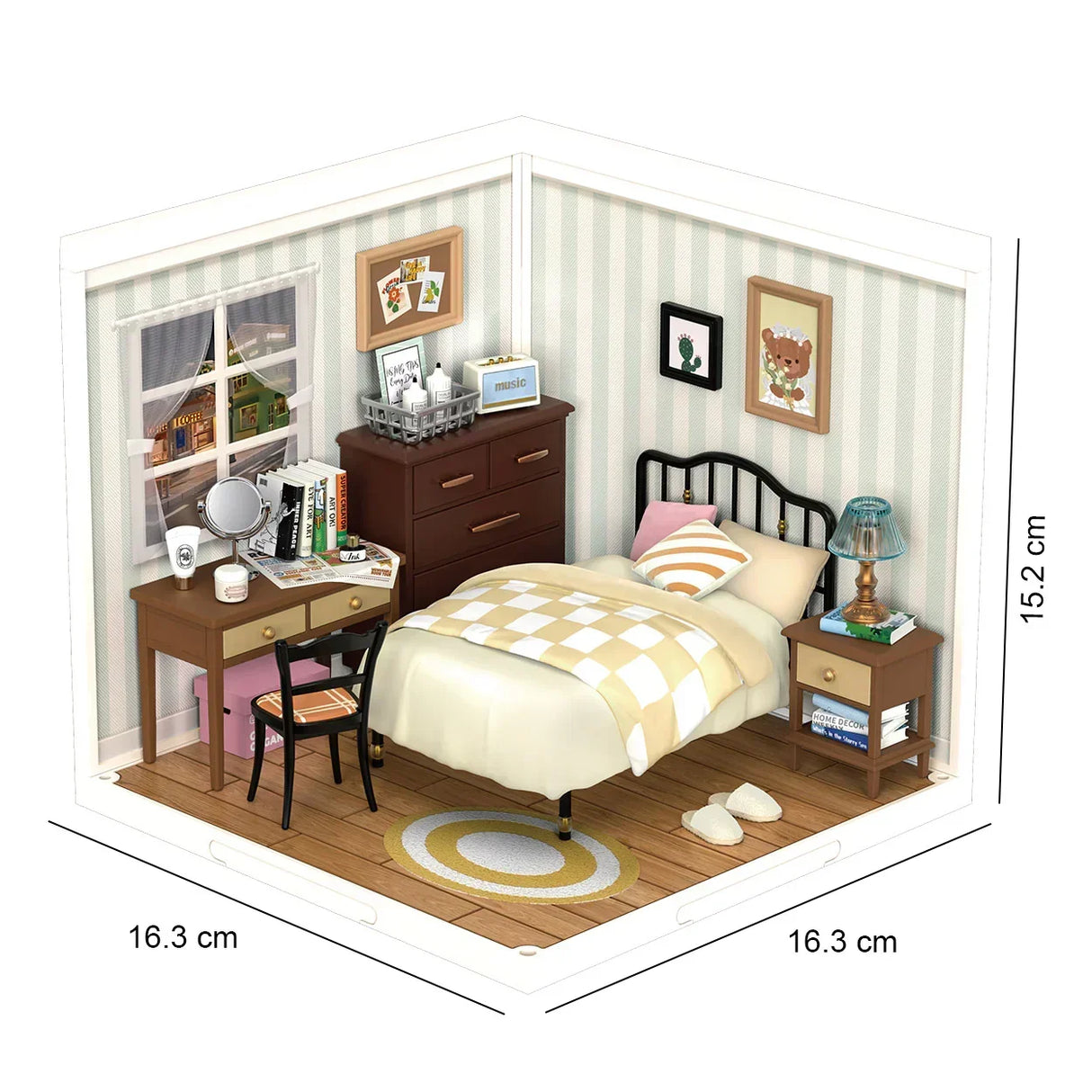Miniatur Schlafzimmer Modell mit Bett Kommode Schreibtisch und Wanddekoration