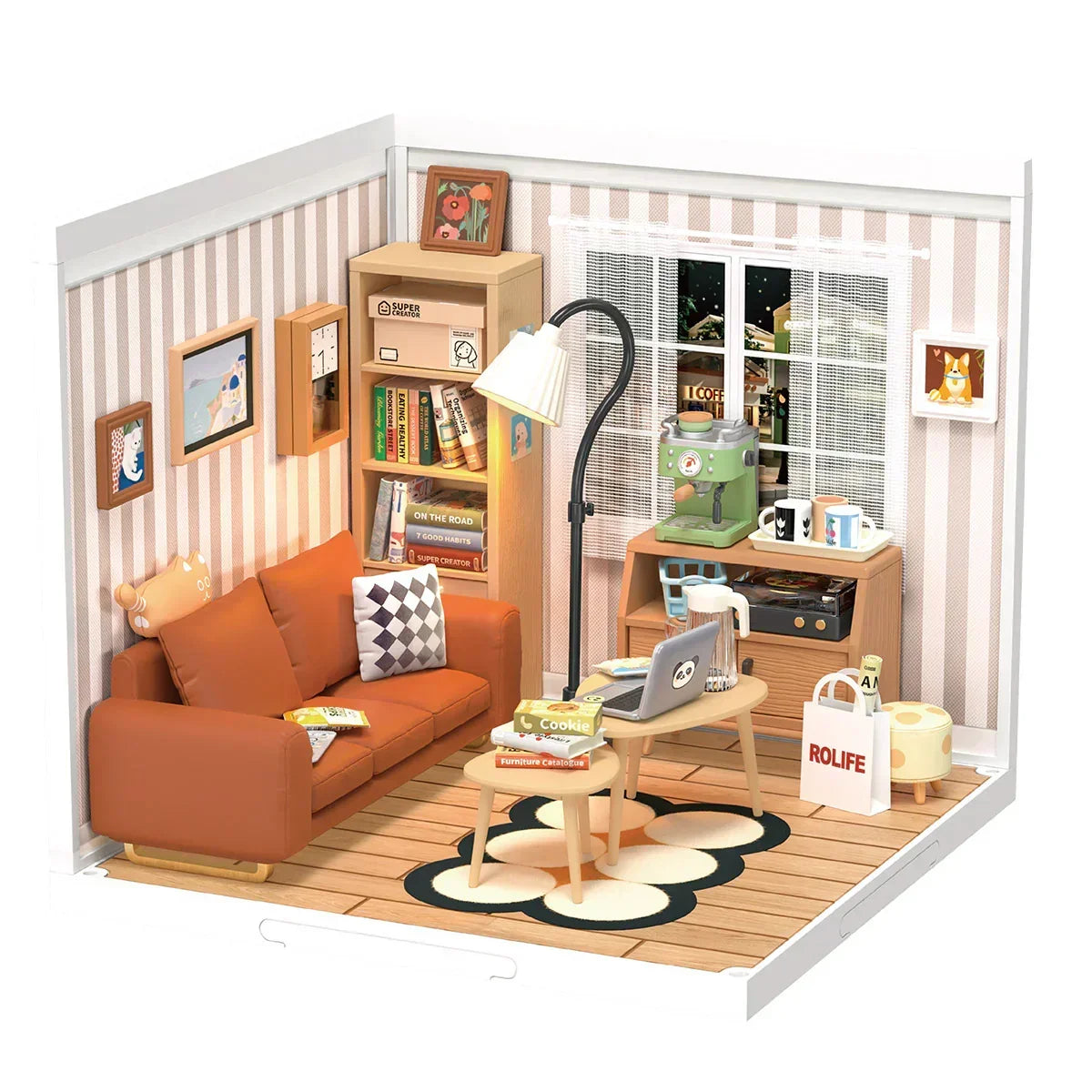 Miniatur Wohnzimmer Modellbausatz mit Sofa Regal Lampe und Kaffeemaschine