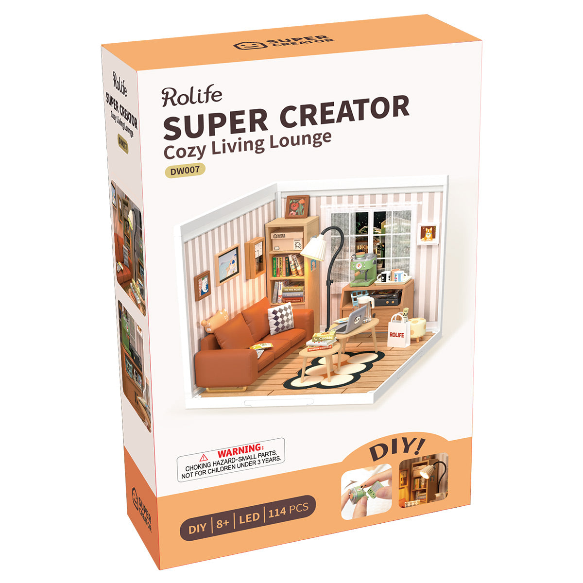 Verpackung des Rolife Super Creator Cozy Living Lounge Miniaturbausatzes mit Wohnzimmerdarstellung